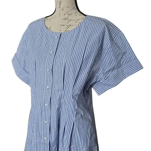 J.Crew Women's Size 14 Blue White Stripe Button Down Pleated Short Sleeve Dress - Picture 6 of 7